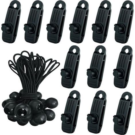24 Pcs Clip de Tente Bâche avec 12x Pince pour bache et 12x Tendeur Corde Elastique, Pince a oeillet pour bache Camping Accessoires pour Tentes, bache Piscine, Bâches, Auvents, Gazebos Tente- (1/5)