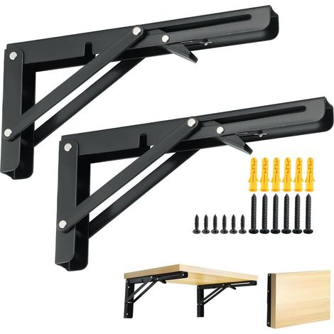 Supports d' Étagère Murale Robustes de 25 CM, Supports d' Étagère Murale à Angle Droit de 90°, Equerre Pliable en Acier Inoxydable, Noir (1/5)
