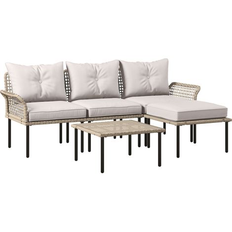 Outsunny conjunto de jardín exterior de ratán sintético de 5 piezas incluye 2 sofás esquineras 1 sofá de exterior 1 taburete 1 mesa de centro crema