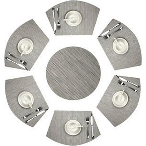 Set mit 7 runden, keilförmigen Platzsets mit Mittelstücken, hitzebeständig und abwaschbar – Silber