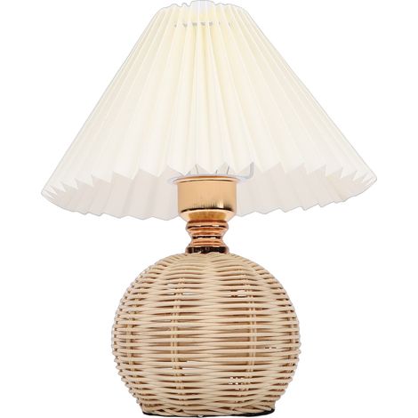Lampe de table plissée, lumière jaune douce, abat-jour en lin, pied en rotin, lampe de chevet beige pour chambre à coucher (1/5)
