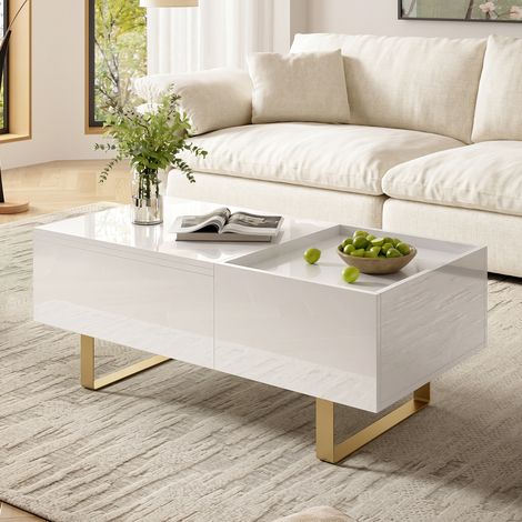 Table basse relevable 100x50x54,5 cm en MDF blanc, avec rangement, moderne salon FloraGrace (1/5)