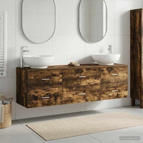 Ensemble Salle De Bain 3 Pièces Chêne Fumé, Lavabo Et Robinet Inclus, Mural (1/4)
