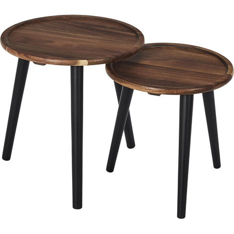 Altobuy – Lot de 2 tables basses rondes gigognes en acacia massif teinté noyer – Dimensions 38x38x39,5 cm et 33x33x34,5 cm – Pieds en pin teinté noir (1/4)