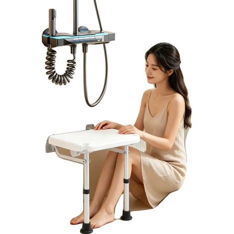 Sedile doccia pieghevole, altezza regolabile 42-53 cm, portata massima 100 kg, dimensioni del vassoio 4032 cm, diametro del cuscino poggiapiedi 5 cm, piedini in gomma. (1/5)
