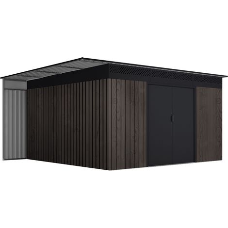 Gartenhaus 13,2m² Robin – Holzoptik - Seitlicher Holzunterstand - Schiebetüren (1/5)