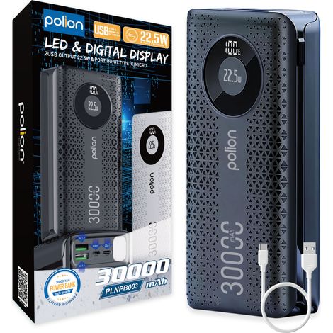 Batería externa de 30000 mAh, 22,5 W, USB-C, USB-A, micro-USB, pantalla LCD, carga rápida PD QC.