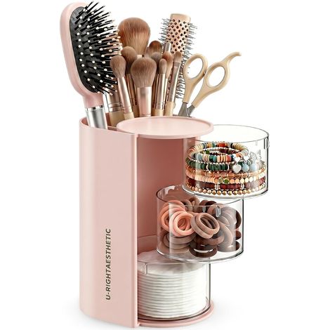 Organisateur de salle de bain rotatif rose, rangement pour cotons-tiges, cotons, accessoires cheveux et pinceaux de maquillage, boîte pratique pour coiffeuse (1/5)