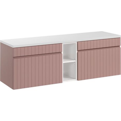 Ensemble ICON : meubles sous vasque 140cm rose poudré avec niches visibles blanches + plan pour vasque blanc (1/5)