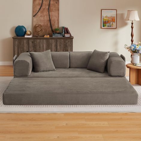 Canapé convertible sans structure 2 places 204x97x65 cm, couchage 1 place, mousse 17 cm, 2 coussins, velours côtelé marron (1/5)