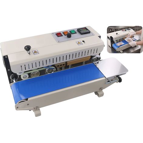 Selladora de banda continua horizontal, construcción en acero al carbono, ancho de sellado de 8 mm, compatible con bolsas de 0,06 a 0,12 mm, alimentación de 110 V, velocidad de sellado de hasta 12 m/m (1/5)