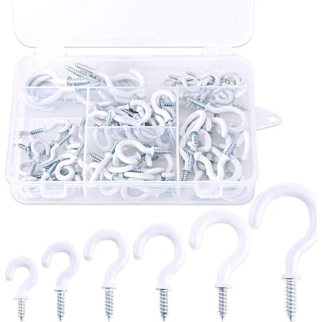 Kit de 100 crochets de plafond à visser en vinyle blanc de 6 tailles différentes pour tasses, crochets à vis, crochets pour vêtements, kit d'assortiment pour usage (1/5)
