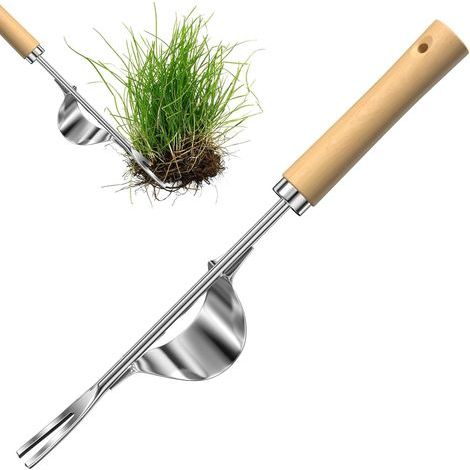 Désherbant manuel en acier inoxydable de jardin, désherbage manuel avec poignée en bois naturel, outil d'élimination des mauvaises herbes en acier inoxydable (1/5)
