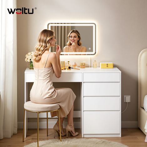 WOLTU 2-in-1 Schminktisch mit LED-Beleuchtung, Frisiertisch mit Wandspiegel einstellbare Helligkeit, 5 Schubladen,  für Schlafzimmer, 100x45x75 cm Weiß