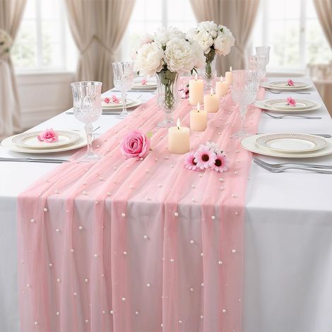 Chemin de Table Rose en Tulle pour Mariage, Cuisine Décoration, 300x80cm Nappe en Dentelle Perlée, Dentelle Chemin de Table en Tulle avec Perles, Chemin de Table Rose pour Fête & Anniversaire (1/5)