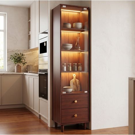Meuble vitrine avec éclairage LED, porte vitrée et 2 tiroirs, 165 x 40 x 35 cm, marron DESVIAE (1/5)