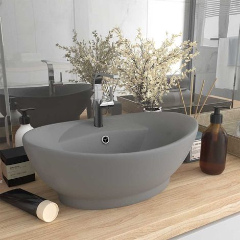 vidaXL Lavabo ovale à trop-plein Gris clair mat 58,5x39 cm Céramique (1/5)