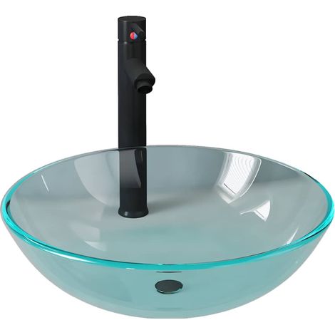 Lavabo de bain avec robinet et drain à poussoir Verre trempé (1/5)