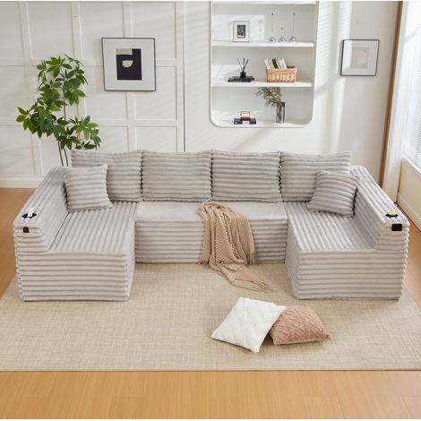 Canapé modulable U 320x155x88 cm en tissu gris clair, gain de place pour salon FloraGrace (1/5)