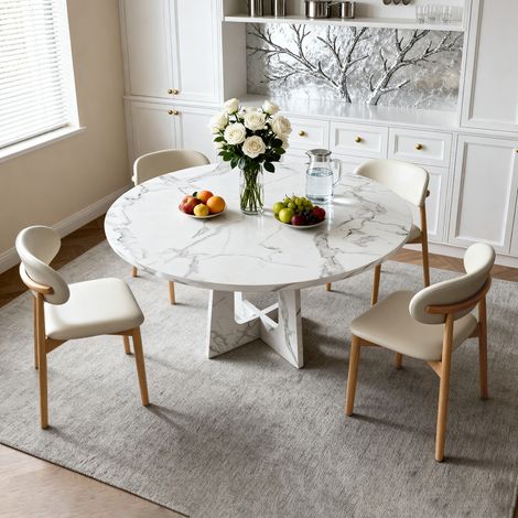 Set di tavolo da pranzo modulare rotondo composto da 1 tavolo da pranzo e 4 sedie da pranzo, tavolo in MDF con effetto marmo bianco, sedie da pranzo con gambe in legno di quercia per sala da pranzo e (1/5)