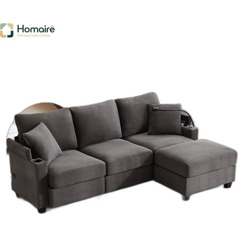 Canapé en velours côtelé gris avec rangement, port USB et accoudoirs 213,5 x 139 x 87 cm HOMAIRE (1/5)