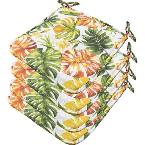 Set 4 Cuscini Sedia Cotone Palme Tropicali Lavabili Coprisedie Universali Con Lacci Fissaggio