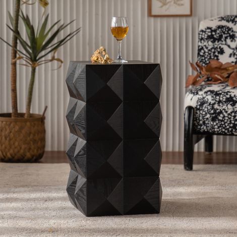 Table d'Appoint Rétro Carrée en Bois Massif avec Motifs en Relief 3D sans Assemblage - 37x37x60cm - Noir (1/5)