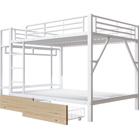Letto a castello 140x200 cm in metallo e MDF con 2 cassetti, mensole, LED e barra bianco (1/5)