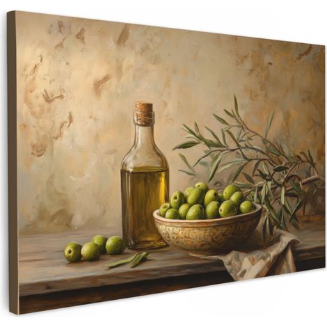 TABLEAU SUR TOILE Olives - Nature morte - Vintage Tableau Cuisine Décoration murale 90x60 cm