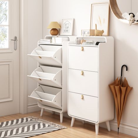 Meuble à chaussures avec 3 tiroirs basculants – Organiseur à chaussures sur pied pour entrée – Meuble à chaussures fin avec compartiment supérieur (1/5)
