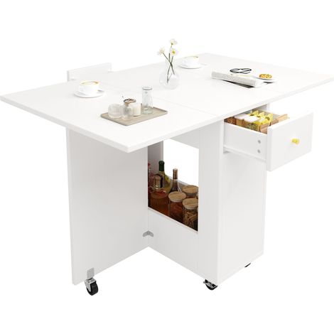 CAIziTable à manger pliante (120 x 75 x 75 cm), plan de travail de cuisine mobile, pour 2 à 4 personnes, avec rangement ouvert, 2 tiroirs, roulettes freinées, idéale pour la cuisine, le salon et la sa