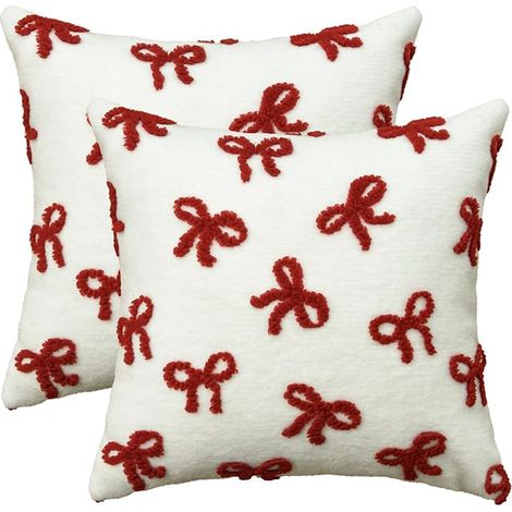 Ensemble de 2 Housses de Coussin Rouges avec Rubans en Fausse Fourrure Douce, 45x45 cm, Housse de Coussin en Jacquard de Velours Décoratif, Housse de Coussin pour Canapé (1/4)