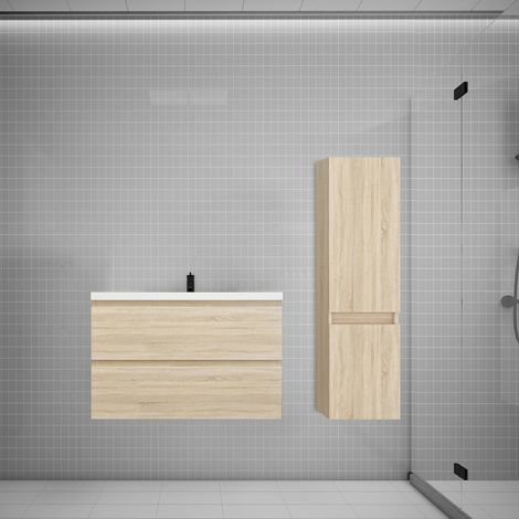 Aica Ensemble meuble vasque L.79cm chêne 2 tiroirs + lavabo + colonne easy