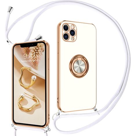 CUSTODIA PER APPLE IPHONE 11 PRO MAX IN SILICONE BIANCO ORO + ANELLO CON CORDINO A2161 (1/5)