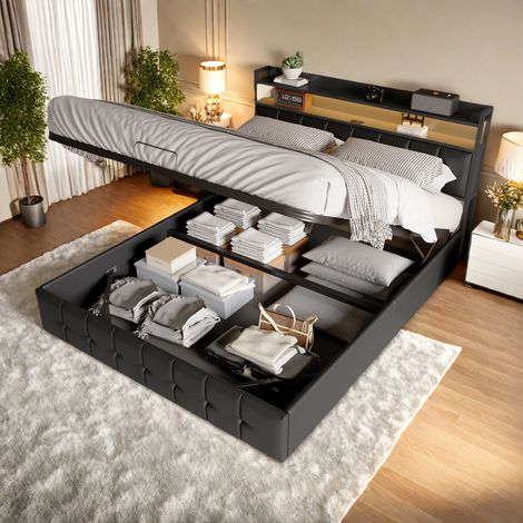 Lit coffre 140 x 190 cm, lit 140x190 avec sommier, lit adulte avec port USB et LED, cadre de lit, avec tete de lit, Noir, PU
