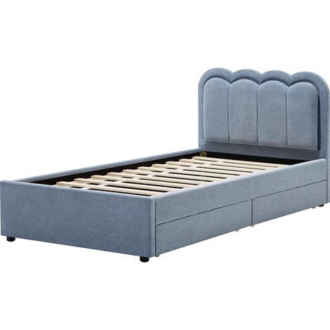 Lit 90 x 190 cm avec 2 tiroirs - Avec LEDs - Tissu chenille - Bleu clair - NESTIAKO (1/5)
