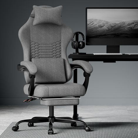 Sedia gaming da ufficio in tessuto grigio scuro con poggiatesta, poggiapiedi DESVIAE (1/5)