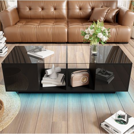 Tavolino da caffè 120x50x38.5 cm nero in vetro, MDF e pannelli di particelle con LED e contenitore (1/5)