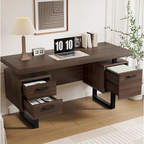 Scrivania 135 x 54 x 76 cm in MDF e metallo marrone scuro con contenitore (1/5)