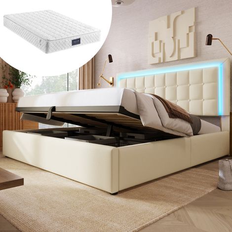 Cama con almacenaje 140x200 cm blanca en piel sintética con LED, somier y colchón (1/5)