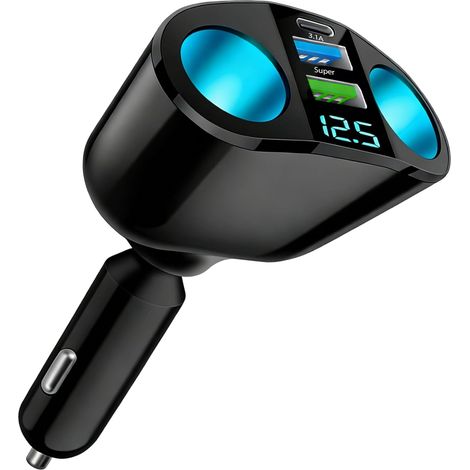 Adaptateur allume-cigare de voiture 66 W 12 V/24 V double USB-A et USB-C PD super rapide chargeur rotatif à 360 ° multiprise allume-cigare avec voltmètre LED pour téléphone, GPS, tablette, dashcam