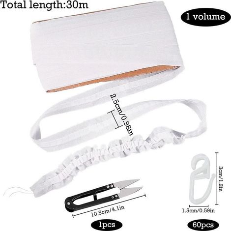 Ruban adhésif textile de 30 mètres, lot de 60 ciseaux à poulie, crochets élastiques de 2,5 cm, accessoires pour rideaux à faire soi-même