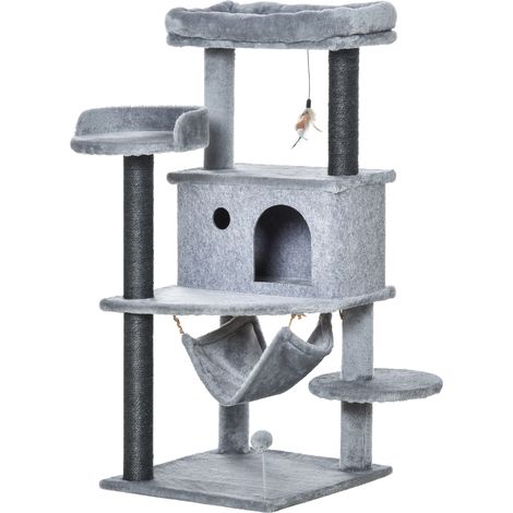 Albero Tiragraffi per Gatti con Palo Casetta Letto Amaca e 2 Giochi in Legno e Peluche Grigio