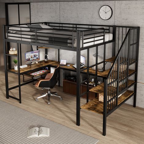 Cama alta 251.5x125x170 cm con escritorio, escalera de esquina y carga, metal y madera, negro y nogal oscuro (1/5)