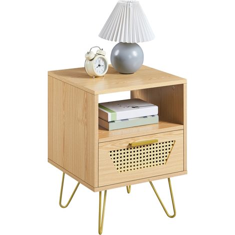Yaheetech – Table de chevet en bois MDF avec 1 tiroir et compartiment ouvert – Pieds métalliques en V – Dimensions 40 × 40 × 55 cm – Brun clair