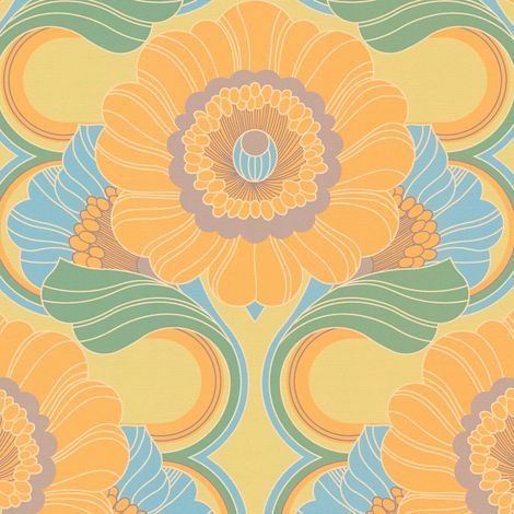 Retro Tapete Profhome 395301 heißgeprägte Vliestapete leicht strukturiert mit Blumen-Muster matt gelb türkis-blau grün beige-grau 4,5 m2