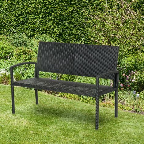 Banc de jardin. Aspect rotin. Structure en acier. 2 places. Noir. 122 x 60 x 85 cm (1/5)