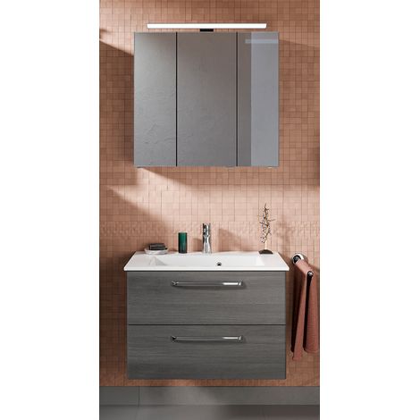 Badezimmer Waschplatz mit Mineralmarmor Waschbecken TRENTO-66 in Graphit Struktur Nb., B/H/T: ca. 77/200/50 cm (1/4)
