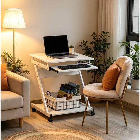 Bureau informatique mobile blanc 60 x 48 x 73 cm avec tablette clavier OKWISH (1/5)