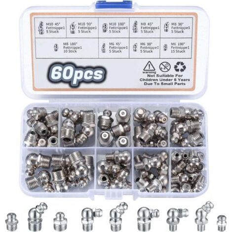 BUNTHAUS PA AIPERQ 60 Pièces Assortiment de Graisseurs, Filetés de Graissage, M6 M8 M10 Raccords de Graisse, Raccords Filetage Mâle Graisseurs droit/45°/90° pour Équipement Mécanique graisseur a Visse (1/4)